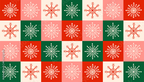 Checkered snowflakes seamless pattern background. Trendy bold geometric ornament. Vector illustration design for winter holidays decoration, banner, wrapper, textile, fabric.
