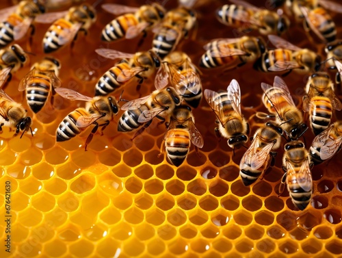 Macro photo of bees on honeycomb.