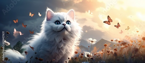 The abstract background design isolated in nature showcases a beautiful art illustration of a cute white cat and a cartoon butterfly creating a happy and whimsical digital composition photo