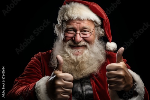 Santa Claus big portrait on dark background with raised thumbs up, Merry Christmas