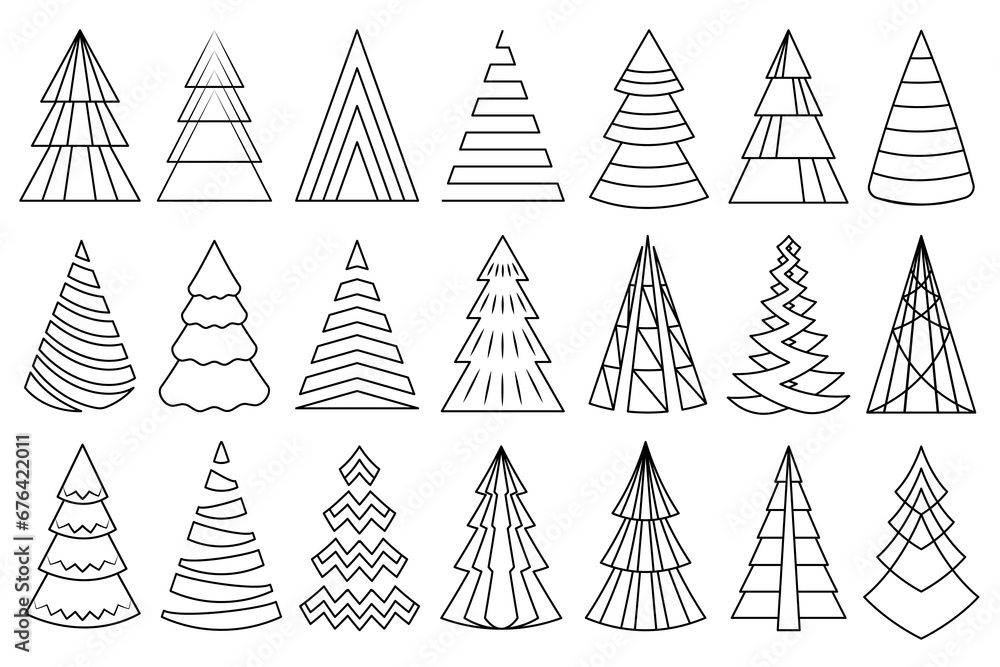 Line art Christmas tree set. Collection of decorative firs, outline stylized abstract Christmas trees, geometric design. Line art Christmas tree set. Collection of decorative firs, outline stylized abstract Christmas trees, geometric design.