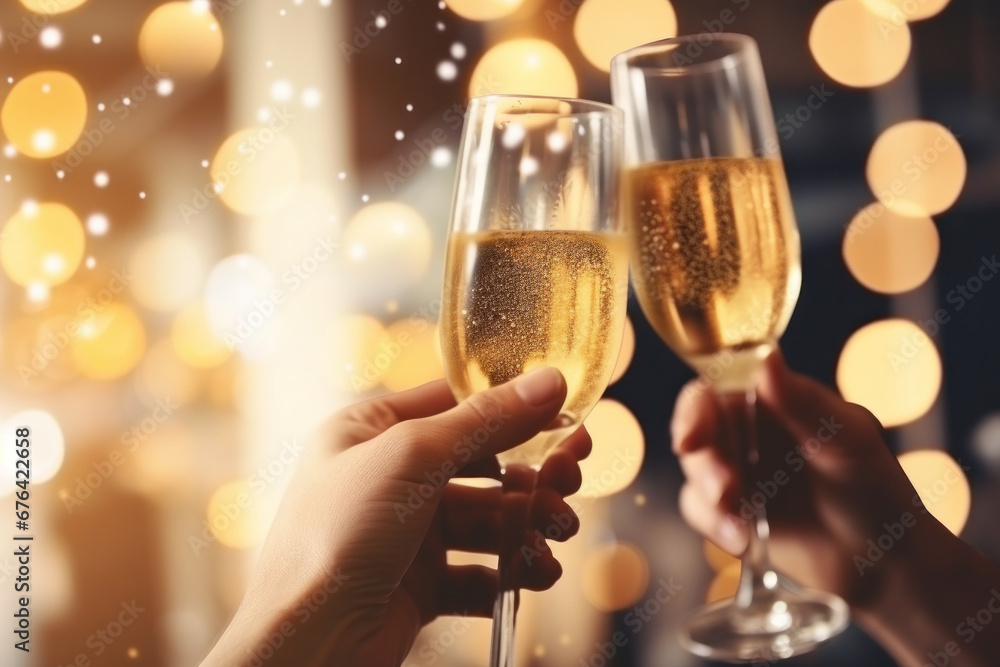 Two hands clinking champagne glasses against a festive backdrop with warm bokeh lights..