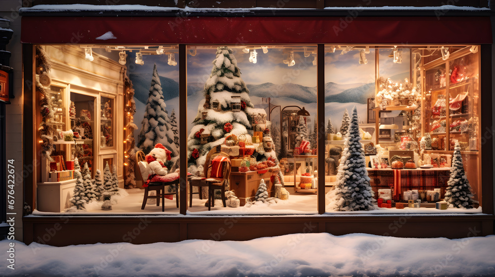 Outdoor Christmas shopping street with toys and cozy lights