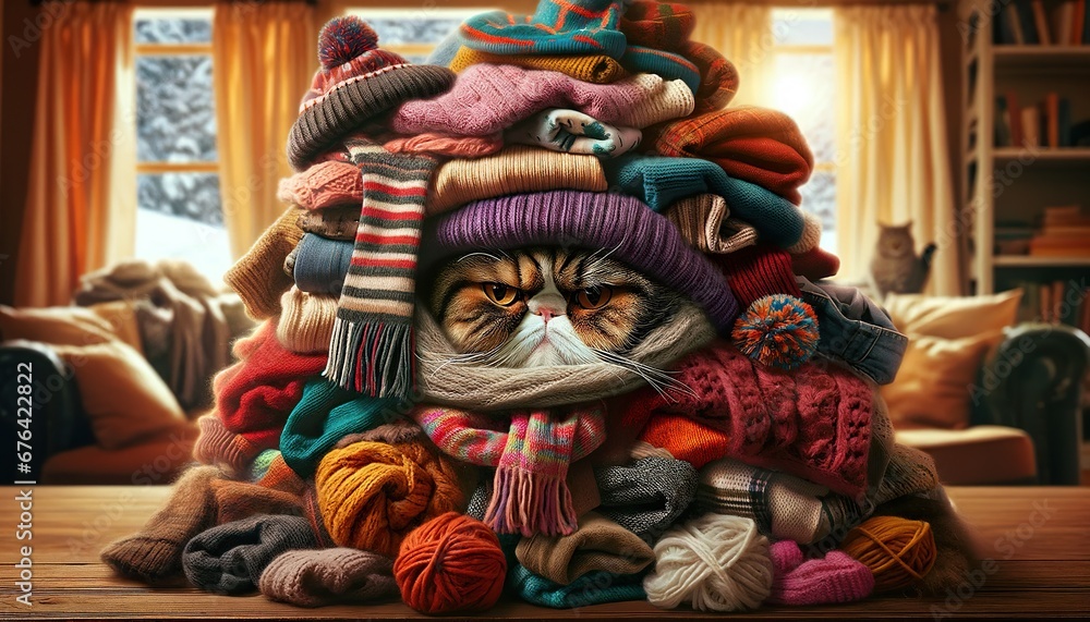 adorable cat becomes a bundle of fluff amid woolen garments, embracing the warmth in anticipation of winters touch