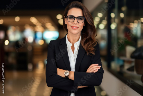 Confident businesswoman in glasses with crossed arms in a blurred office setting.