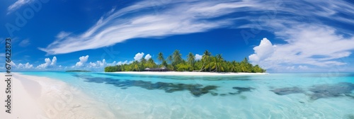 Beautiful sandy beach with white sand. Clear blue sky. Banner