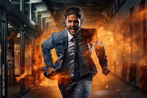 Businessman in suit and necktie running away from the fire in the city street and road background. photo