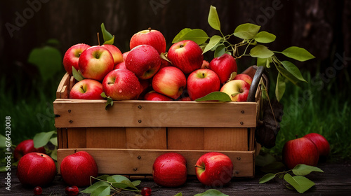 apple harvest and ripe red apples in a rustic basket for autumn scenes