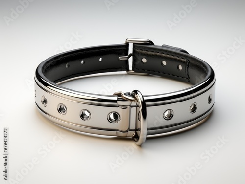 A silver and black leather bracelet with rivets. photo