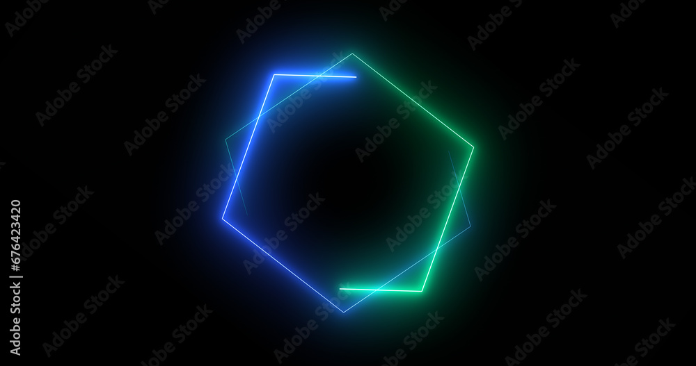 Fototapeta premium Fast-moving hexagon neon lights retro-style futuristic technology. Hexagon lights moving animation. Bright-colored moving neon light on a black background.