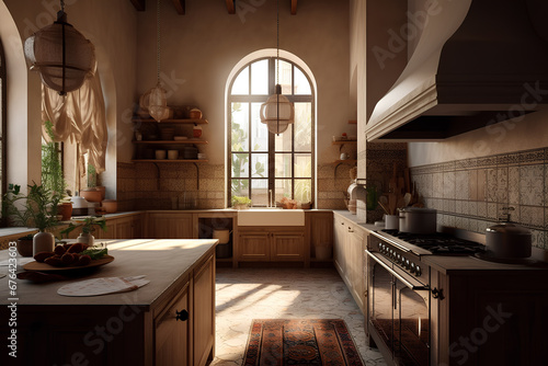 Cozy kitchen interior in Mediterranean style.