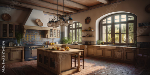 Large kitchen interior in Mediterranean style. © tynza
