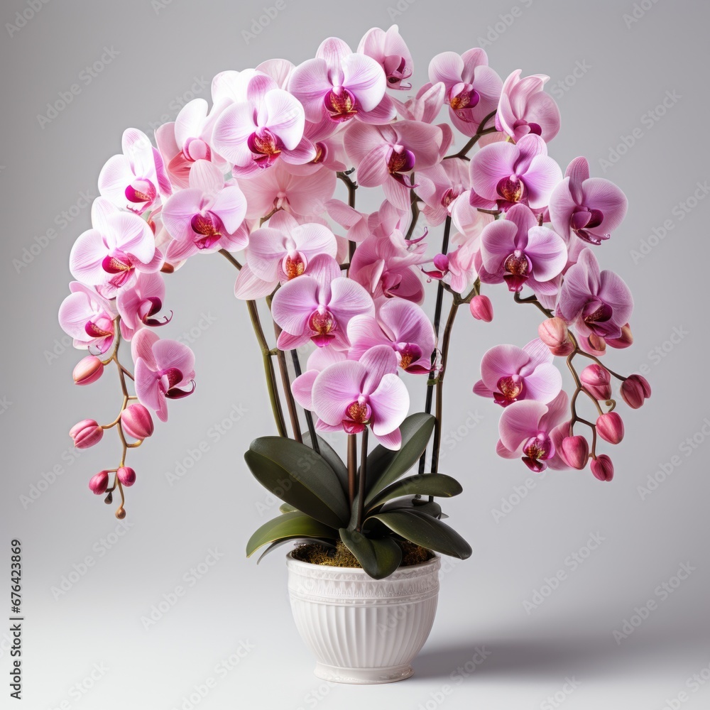 Obraz premium A white vase filled with pink flowers on top of a table.