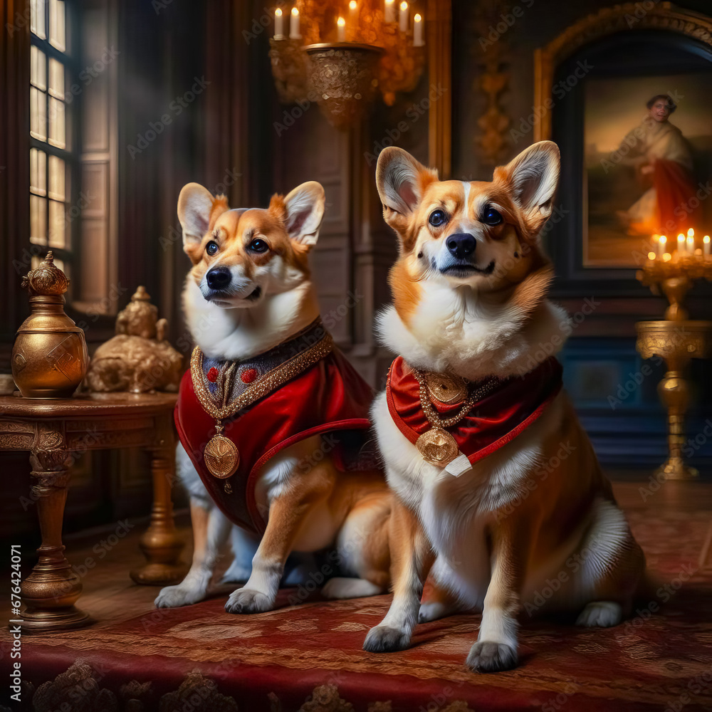 Beautiful noble royal corgi dog posing in a rich red suit in a vintage interior