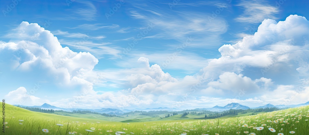 In the background of an incredibly vast landscape the summer sky stretches endlessly a tapestry of white clouds against the vibrant blue that complements the lush green grass and blooming f In the background of an incredibly vast landscape the summer sky stretches endlessly a tapestry of white clouds against the vibrant blue that complements the lush green grass and blooming f