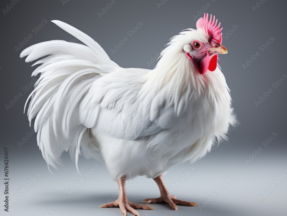 A white rooster standing on a gray surface.