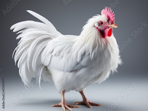 A white rooster standing on a gray surface. © tilialucida