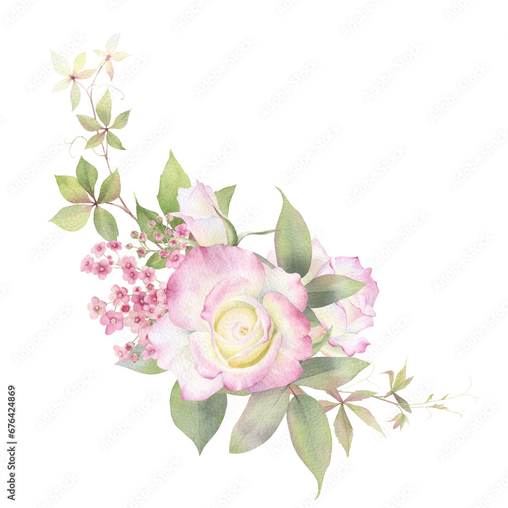 A arc-shaped floral arrangement with pink roses, flowers, maiden grape branches and green leaves hand drawn in watercolor. Watercolor floral frame