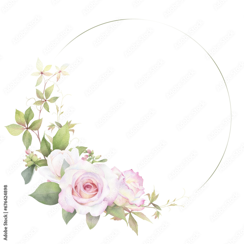 A circle floral frame with pink roses, buds, maiden grape branches and green leaves hand drawn in watercolor. Watercolor floral frame A circle floral frame with pink roses, buds, maiden grape branches and green leaves hand drawn in watercolor. Watercolor floral frame
