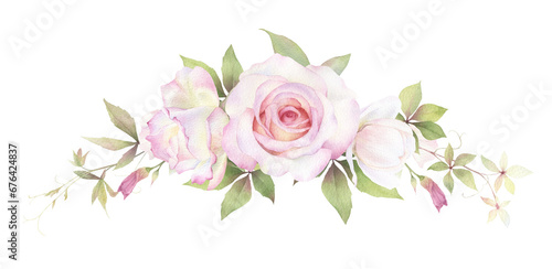 A arc-shaped floral arrangement  garland with pink roses  flowers  maiden grape branches and green leaves hand drawn in watercolor. Watercolor floral frame