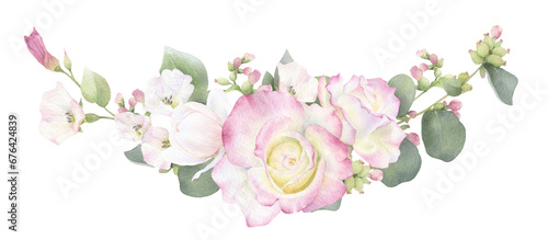 A arc-shaped floral arrangement, garland with pink roses, flowers, creepers and green leaves hand drawn in watercolor. Watercolor floral frame