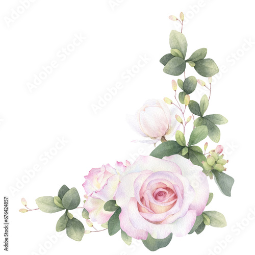 A corner floral arrangement, bouquet of pink roses, buds, pink flowers and green leaves hand drawn in watercolor. Isolated floral watercolor illustration. #676424857