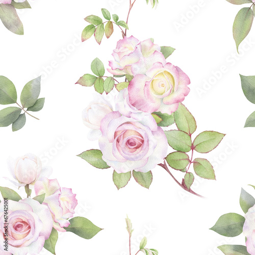 A floral seamless pattern with pink roses, buds and leaves hand drawn in watercolor isolated on a white background. Watercolor floral pattern