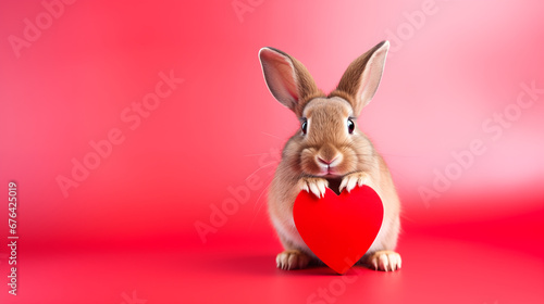 Cute rabbit with heart looking at camera with love. Postcard with funny pet bunny for Valentine's Day. Festive background with copy space.