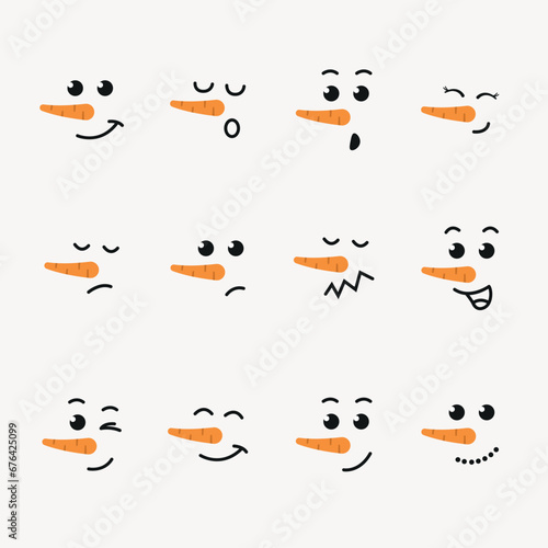 Facce pupazzo di neve, espressioni e sentimenti uomo di neve. Carino e divertente. Stile cartoon. © sonia