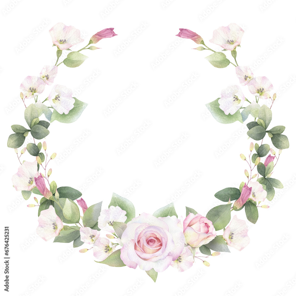 A floral wreath of pink roses, creepers and green leaves hand drawn in watercolor. Isolated image. Floral watercolor illustration.