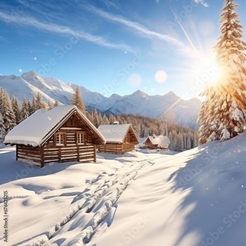 Cozy mountain hut in snowy nature. Winter country. Generative AI.