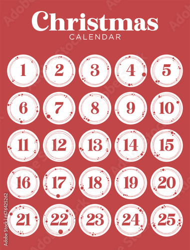 Calendario dell'avvento. Calendario natalizio dicembre. 25 caselle per il conto alla rovescia in attesa del natale. Sfondo rosso.  © sonia
