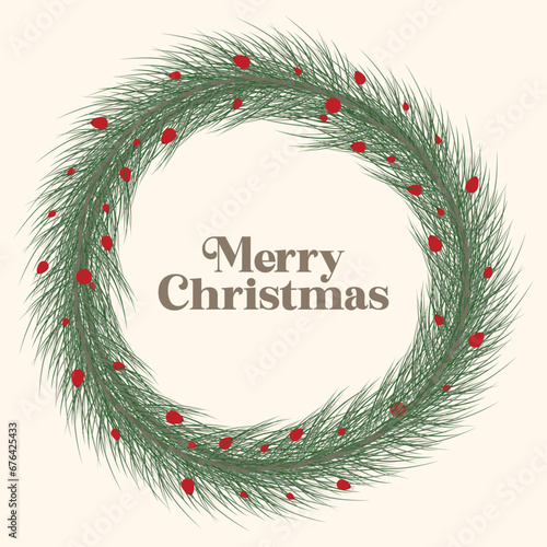 Ghirlanda natalizia abete o pino con bacche rosse. Scritta Buon Natale - Merry Christmas. Decorazione natalizia.  © sonia