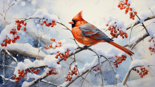 A small red bird sits on a branch with red berries in winter
