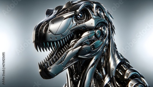 Fototapeta Naklejka Na Ścianę i Meble -  A futuristic cyborg dinosaur with a metallic robotic body.