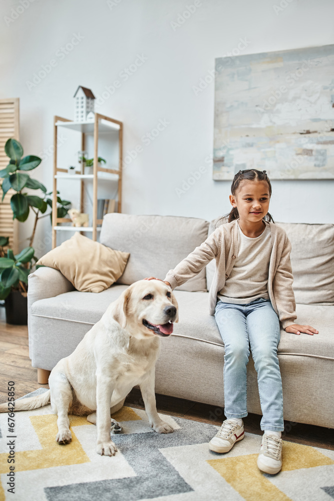 cute girl smiling and sitting on sofa while stroking labrador in modern living room, kid and dog cute girl smiling and sitting on sofa while stroking labrador in modern living room, kid and dog