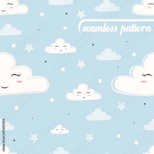 Cute сloudy and stars seamless pattern on blue background. Hand-drawn, vector illustration. Great for textiles, bags, clothes, stationery. Print for wall decor in children's bedroom in pastel colors.