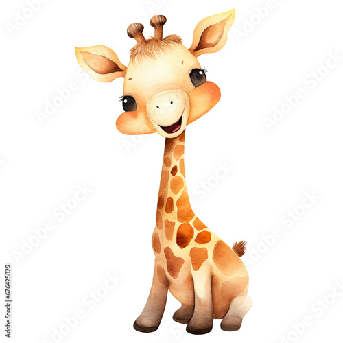 Hand Drawn Watercolor Baby Giraffe Clip Art Illustration. Isolated elements on a white background.
