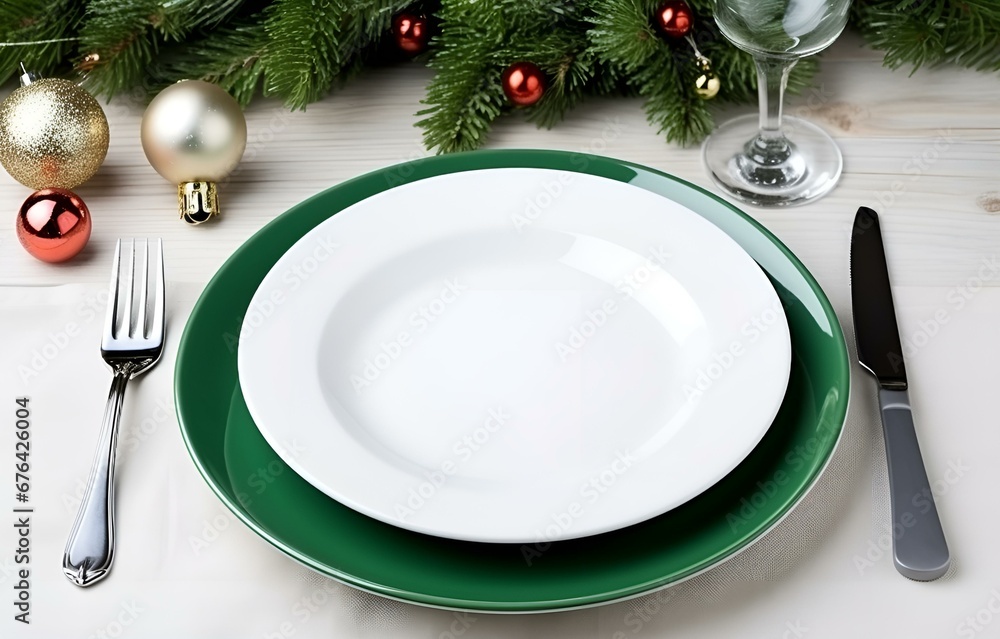 white plate, fork, knife on wooden table with christmas decor for holiday supper party design white plate, fork, knife on wooden table with christmas decor for holiday supper party design