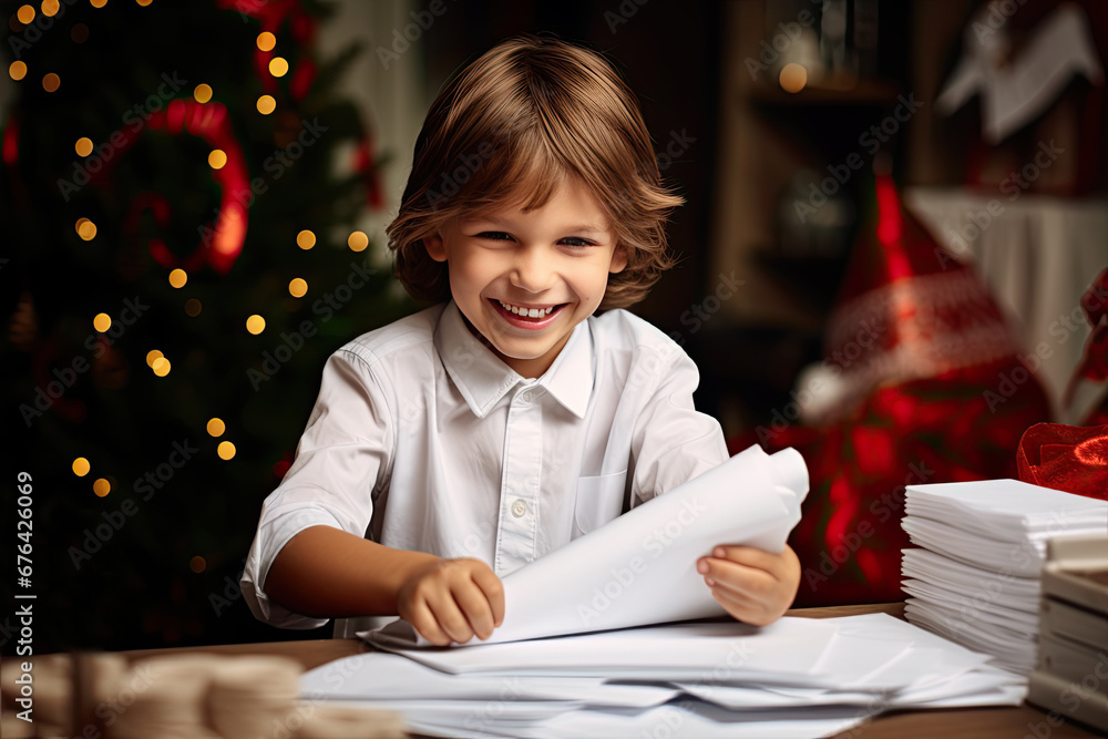 Smiling boyl making paper christmas decorations for party Smiling boyl making paper christmas decorations for party
