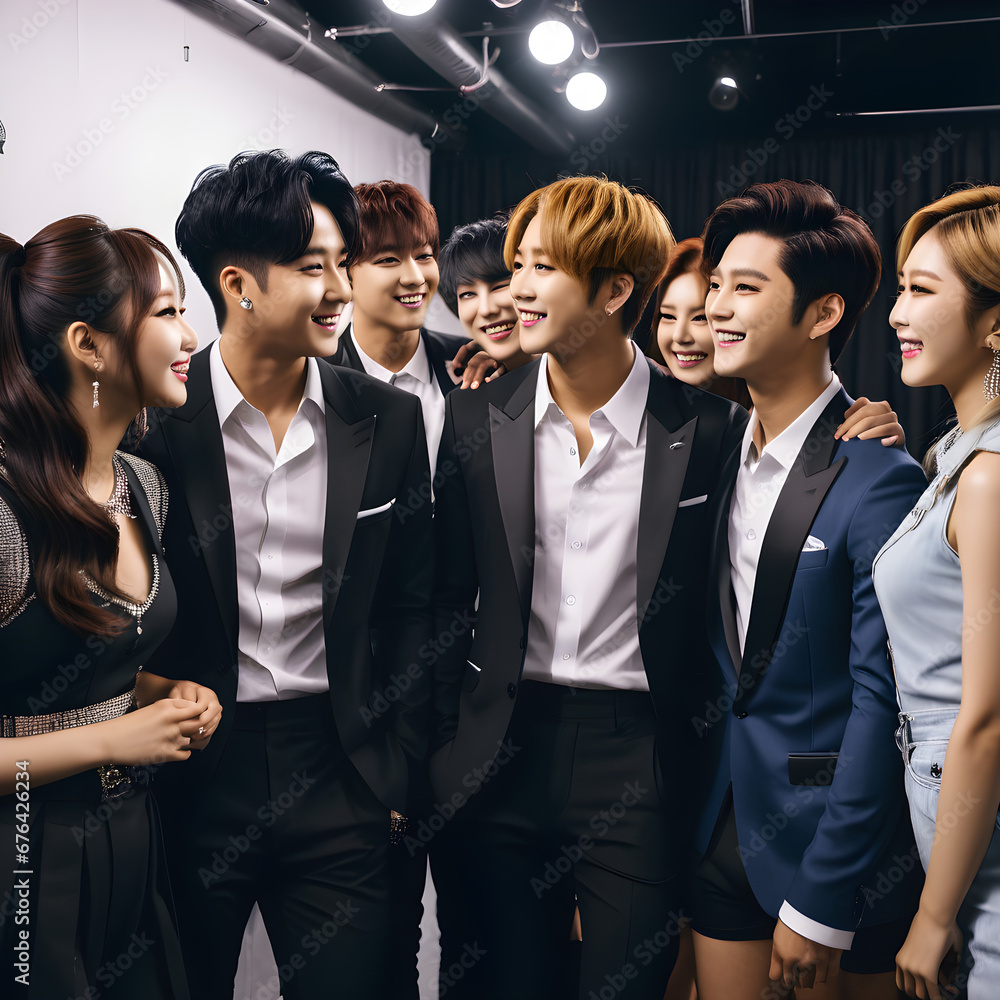Obraz premium Harmony Behind the Curtains: Uniting K-Pop Artists Backstage for Inter-Group Collaboration and Camaraderie. generative AI