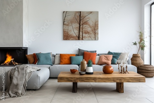 Sofa styled with orange cushion and gray, turquoise cushions photo