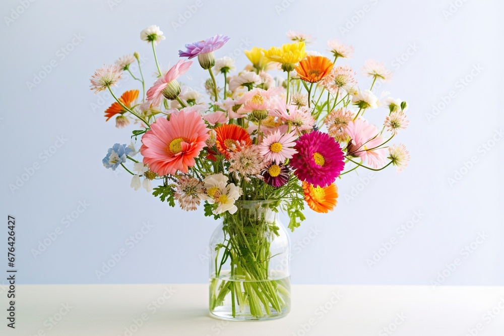 Beautiful and simple bouquet of colorful spring flowers in a vase with water, on a flat background.