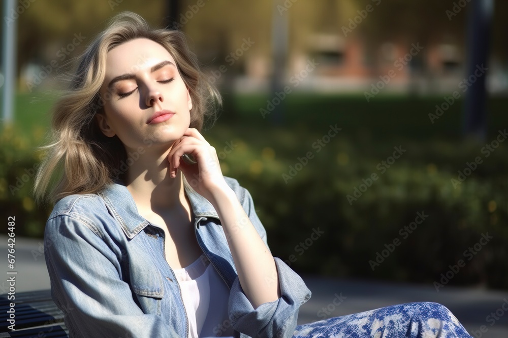 Fototapeta premium Young woman rests with her eyes closed, in the sun sitting on a garden bench.