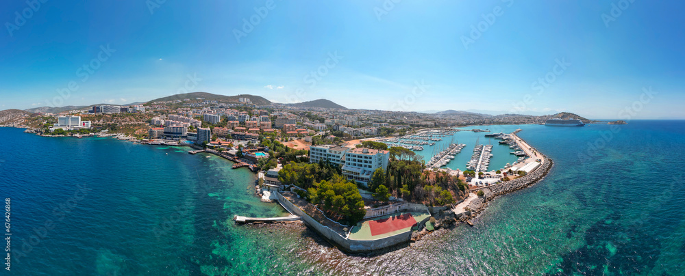 Landscape drone shoot of the city Kusadasi,Turkey. Drone shoot of city Kusadasi and blue sky and on a clean, sunny summer day.