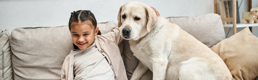 cheerful girl sitting on sofa with cute labrador in modern living room, animal companion, banner cheerful girl sitting on sofa with cute labrador in modern living room, animal companion, banner