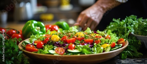 In the background of a white kitchen the chef prepares a vibrant green salad with black pepper adding color and zest to the cooking process The red tomatoes and yellow bell peppers packed wi