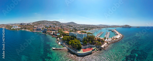 Fototapeta Naklejka Na Ścianę i Meble -  Landscape drone shoot of the city Kusadasi,Turkey. Drone shoot of city Kusadasi and blue sky and on a clean, sunny summer day.