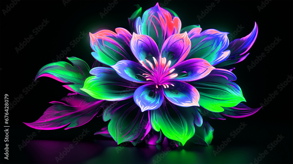 Fototapeta premium colorful flower isolated on black background, 3d, wallpaper, backdrop, abstract