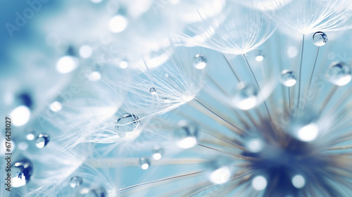 dew drops on dandelion seed macro, soft blue nature close-up photography